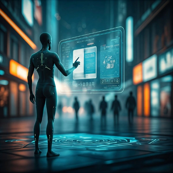 Image of an Avatar touching a virtual screen, metaverse marketing