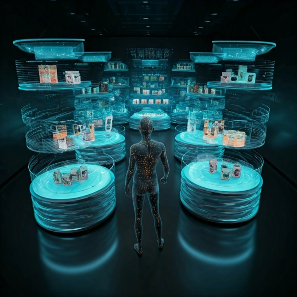 An avatar walking in a virtual aisle where various products are displayed, metaverse marketing trends.